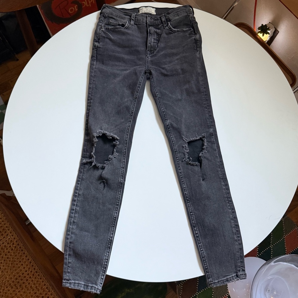 Free People Skinny Fit Jeans Women's 25R Mid Rise Busted Knee Denim Washed Black